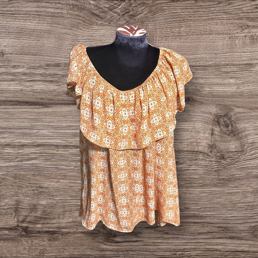 West Campus Collections Orange Patterned Off The Shoulder Top UT Texas Large